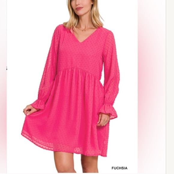 ZENANA Candy Pink Swiss Dot Medium Babydoll V Neck Dress Long Sleeve - Picture 1 of 8
